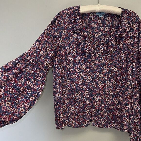 CeCe XL Blue Pink Fuchsia Ruffle V-Neck Neck Long Sleeve Floral Blouse - Picture 5 of 9